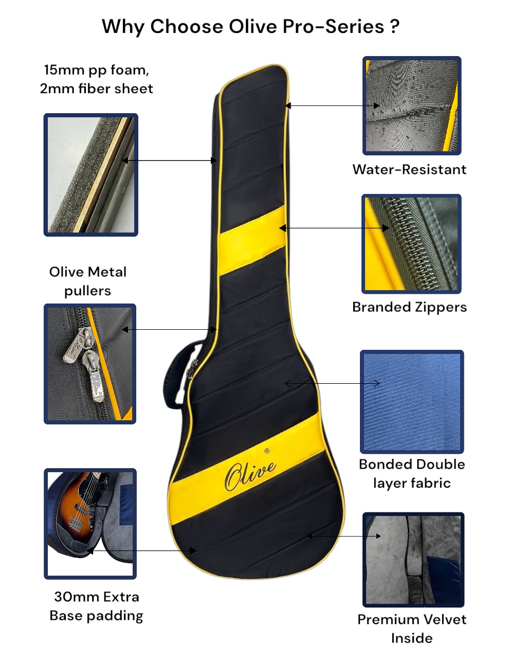 Olive OL- PRO LP Professional Electric Guitar Bag, Specially Designed for Les Paul, 15mm PP foam Padding with Fiber Sheet, Water Resistant