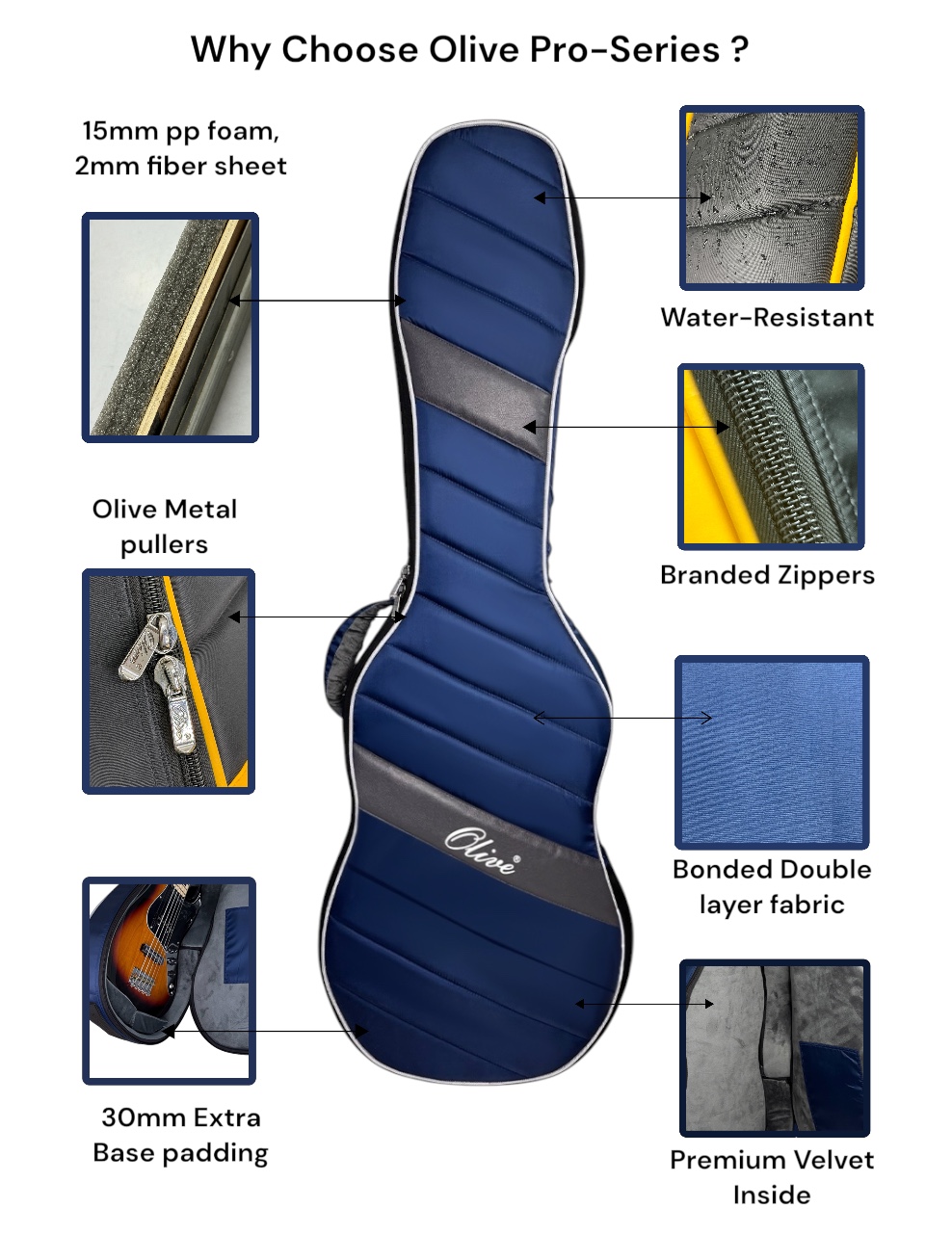 Professional Bass Guitar Instrument Bag with Heavy Padding – Water-resistant Gig Bag OL-PRO BGT | Olive Cases