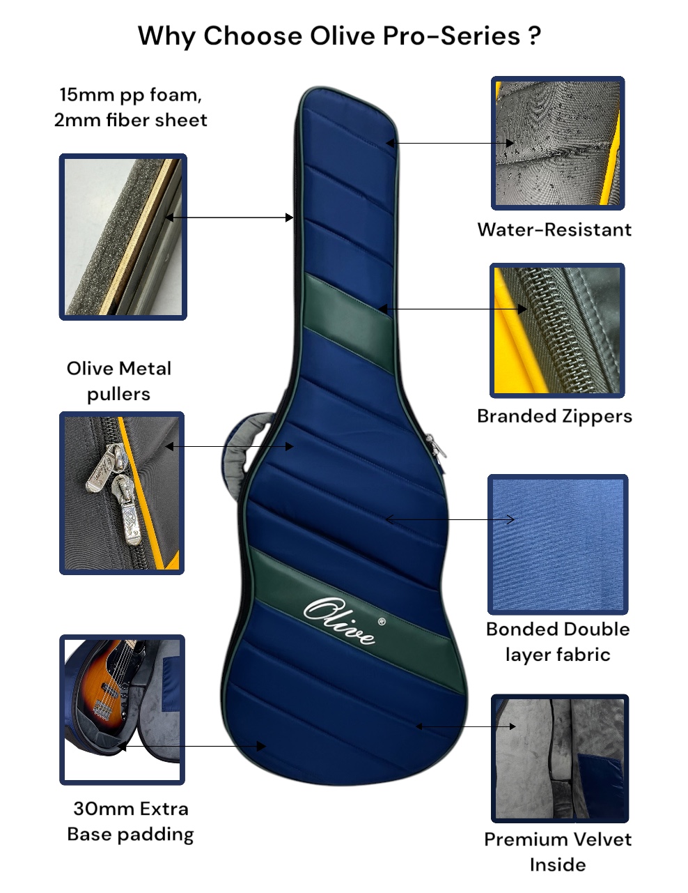 Olive OL- PRO ST Professional Electric Guitar Bag, Specially Designed for Strat, 15mm PP foam Padding with Fiber Sheet, Water Resistant