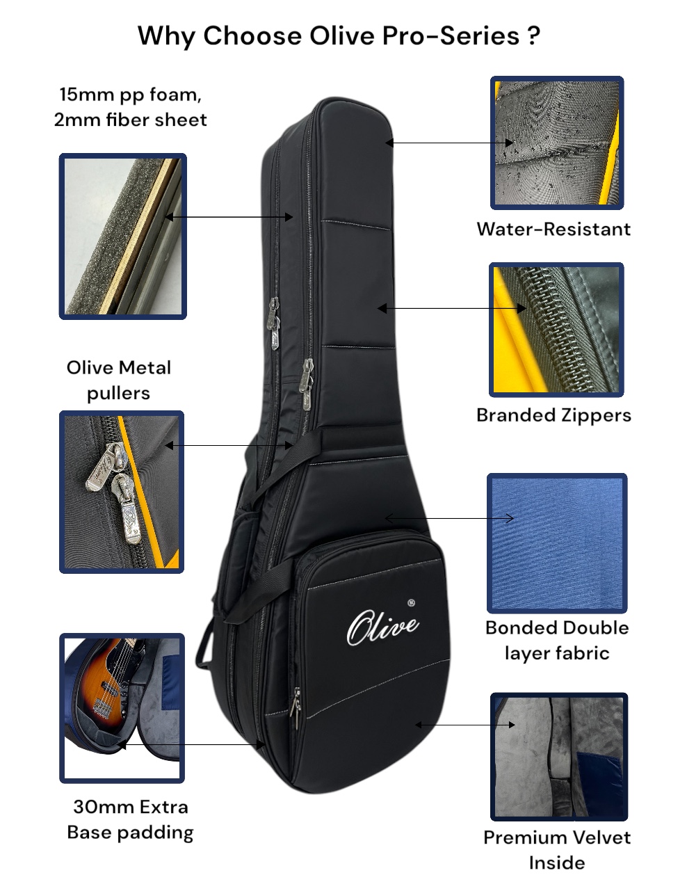 Olive OL-PRO DOUBLE Professional Electric Guitar Gig Bag, for Two Electric Guitars, 15mm Foam Padding, Water Repellent Fabric, Shoulder Straps