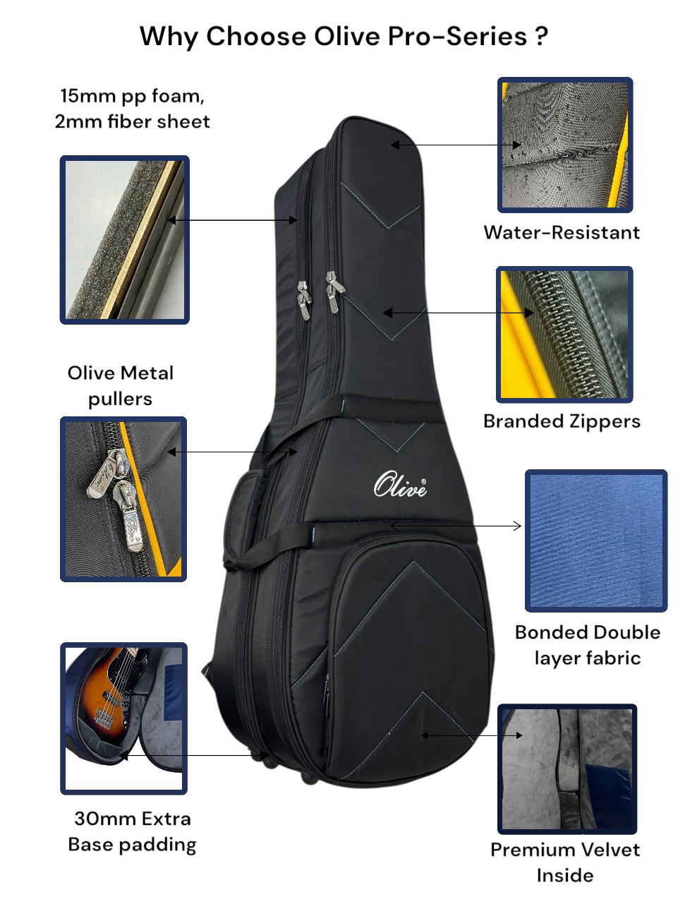 Olive OL-PRO DOUBLE ACOUSTIC/ELECTRIC Gig bag for One Electric and One Acoustic Guitar, 15mm foam Padding, water resistant, 1mm fiber sheet