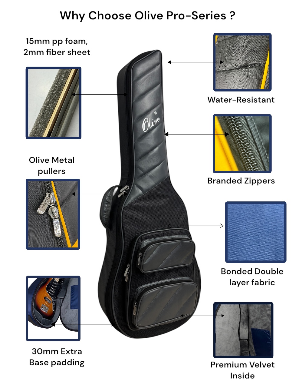 Olive OL-PRO ACOUSTIC Professional Acoustic Guitar Gig Bag, 15mm foam padding, Extra 30mm Base Padding, Shockproof, Dual Pocket