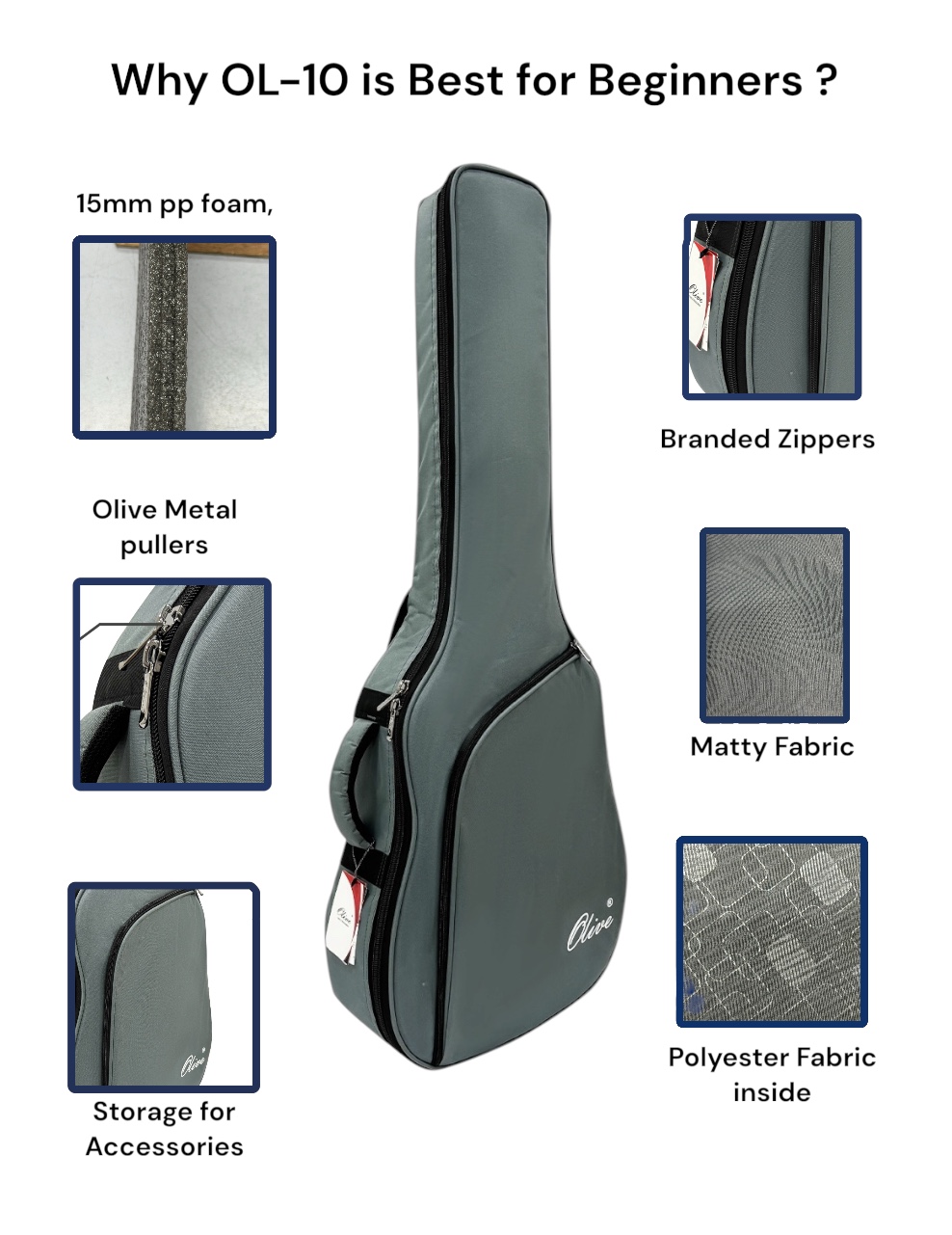 Padded Acoustic Guitar Instrument Bag – 15mm Protection Water-resistant Gig Bag | OL-10 | Olive Cases