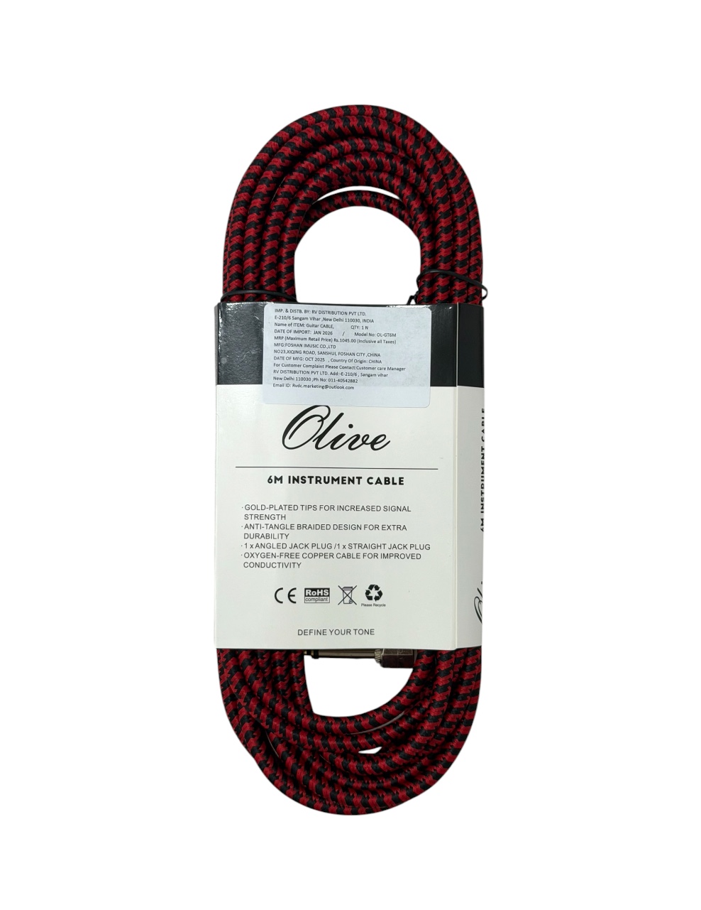 Olive OL-GT6M Instrument cable for Guitars, Amps and More, 6M Length, 3 Years warranty,
