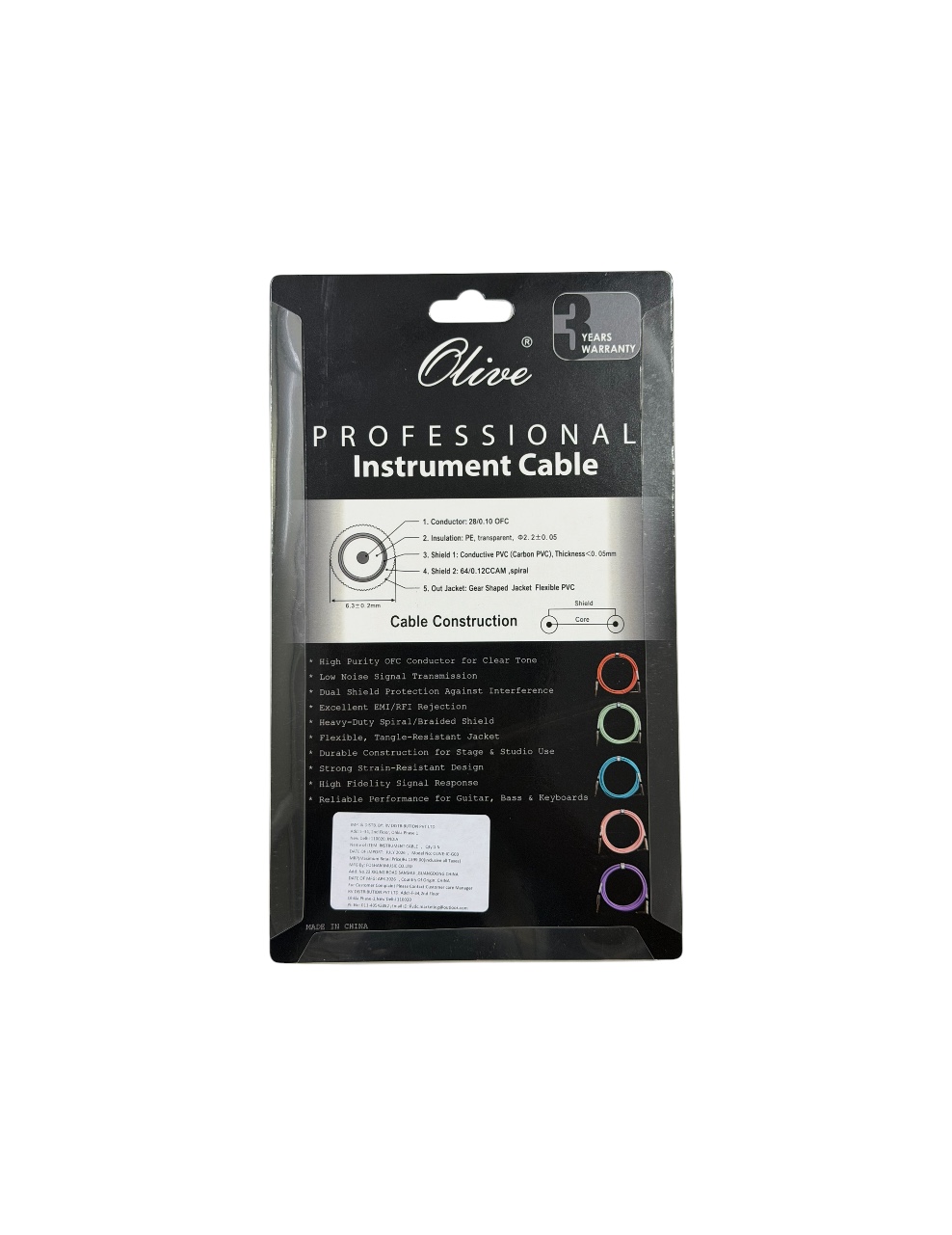 Olive Guitar Cable 3m Blue Right-Angled Jack, OL-IC-BL03